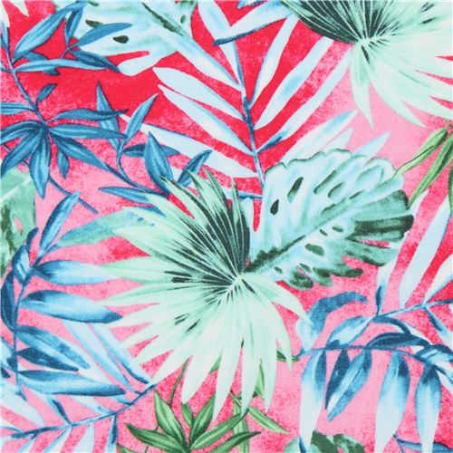 pink fabric with green blue leaf by Timeless Treasures - modeS4u
