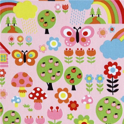 rosa Blumen Regenbogen Glitzer Kokka Stoff kawaii 1