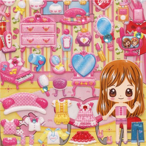 pink girls room sponge stickers with girl dress up doll Cute Stickers