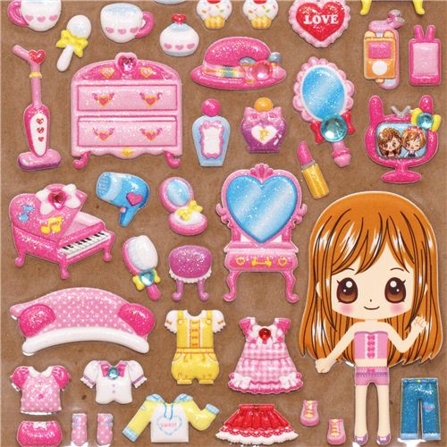 pink girls room sponge stickers with girl dress up doll Cute Stickers