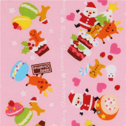 pink kawaii Christmas fabric Santa Claus macaroons 1