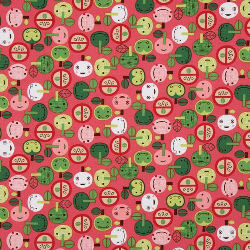 pink kawaii apple fabric with faces Robert Kaufman - modeS4u