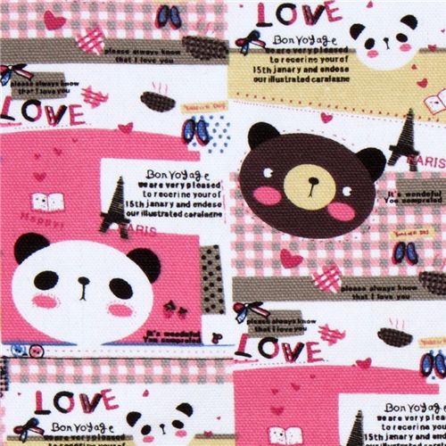 pink kawaii bears canvas fabric with Eiffel Tower 1