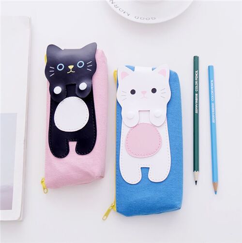 pink pencil case with black felt cat pouch 5
