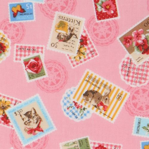 pink stamps fabric with flowers and animals from Japan 1