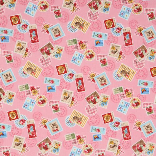 pink stamps fabric with flowers and animals from Japan 2