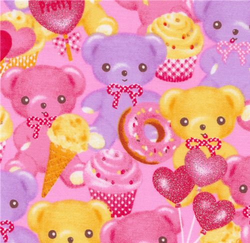 pink teddy bears donuts Japanese fabric Lecien 1