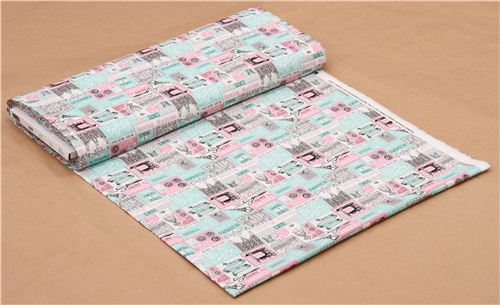 pink turquoise 'vintage Sewing Tools' fabric sewing machine Timeless Treasures  6