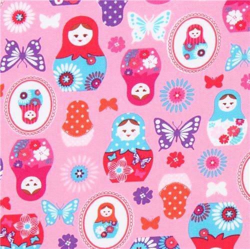 pink with Matryoshka butterfly oxford fabric by Kokka Fabric