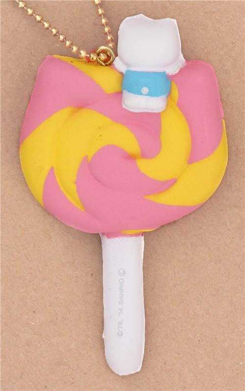 pink yellow swirl Hello Kitty lollipop red bow squishy charm for cellphone bag 2