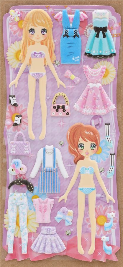 puffy dress up stickers with girl purple pink outfit gem embellishment