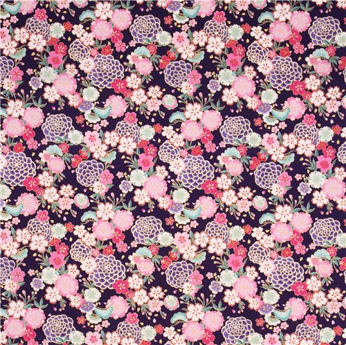 purple Asia flower cherry blossom fabric with gold by Kokka 2