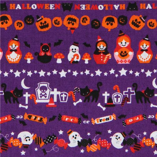 Tessuto viola Halloween con streghe matryoshka, gatti Tessuto