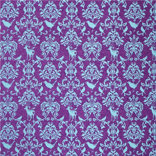 purple Jacquard echino fabric woodland stag deer bird 2