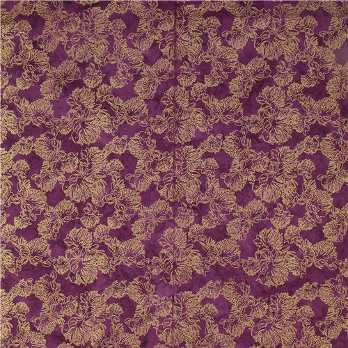 purple metallic gold Trans-Pacific Textiles batik fabric with flowers ...