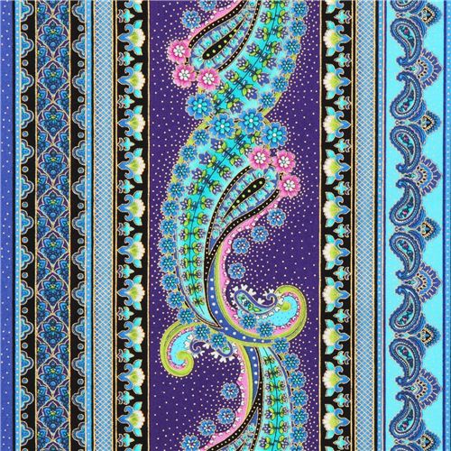 purple-blue flower Paisley stripe metallic fabric Timeless Treasures ...