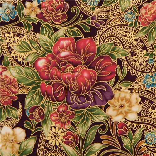 lila Blumen Stoff mit Gold Robert Kaufman USA Stoff