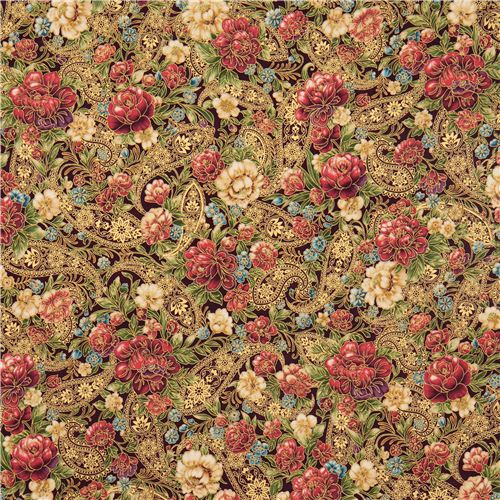 lila Blumen Stoff mit Gold Robert Kaufman USA 2