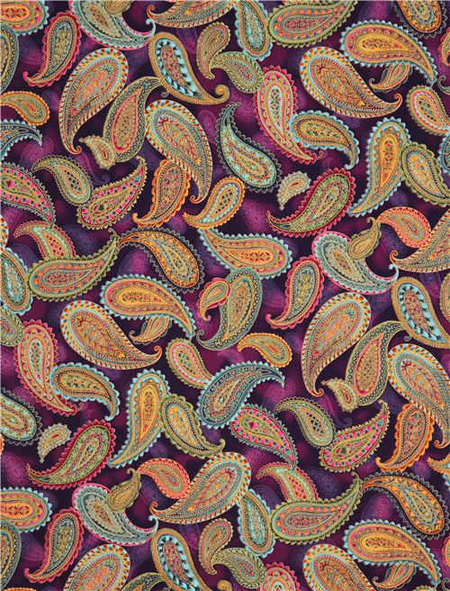 purple gold metallic paisley ornament fabric Robert Kaufman USA