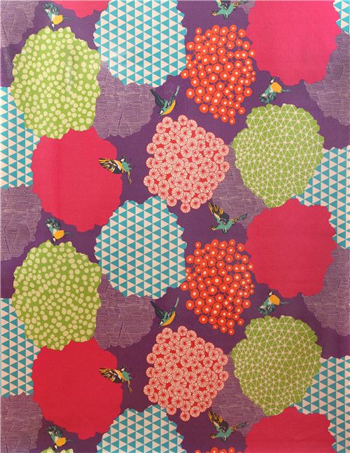 purple kalmia echino Canvas laminate fabric bird bush 2