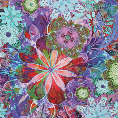 purple lawn fabric with colorful medallion flower by Robert Kaufman Fabric by Robert Kaufman