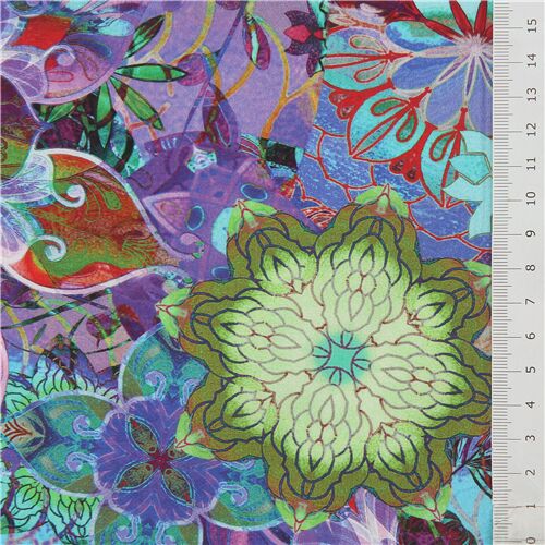 purple lawn fabric with colorful medallion flower by Robert Kaufman modeS4u