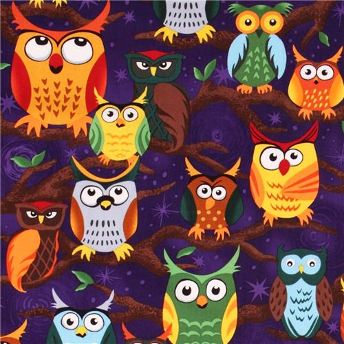 Purple Night Owl Fabric Nite Owls By Judy Hansen - Owl Fabric - Fabric 