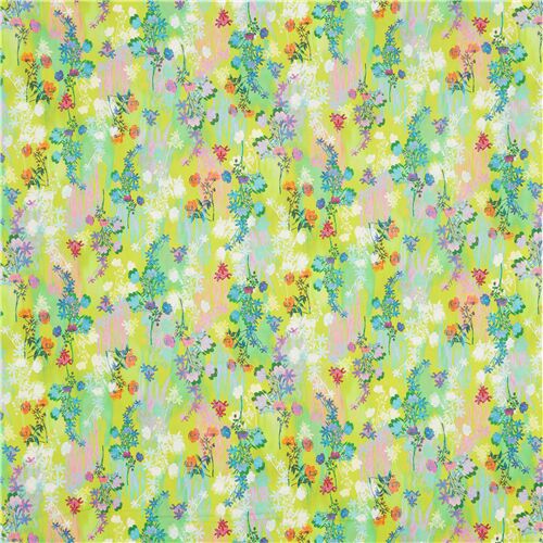 Remnant (50 x 112 cm) purple orange florals on green Robert Kaufman cotton lawn fabric modeS4u