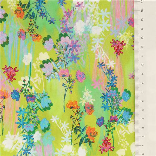 Remnant (50 x 112 cm) purple orange florals on green Robert Kaufman cotton lawn fabric modeS4u