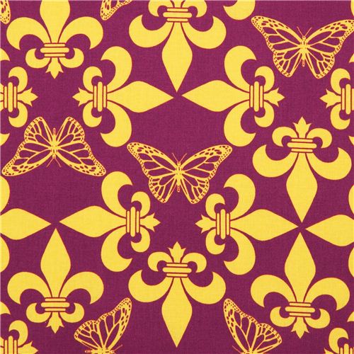 Tela morada violeta adorno mariposa flor de lis amarillo de Kokka - modesS4u