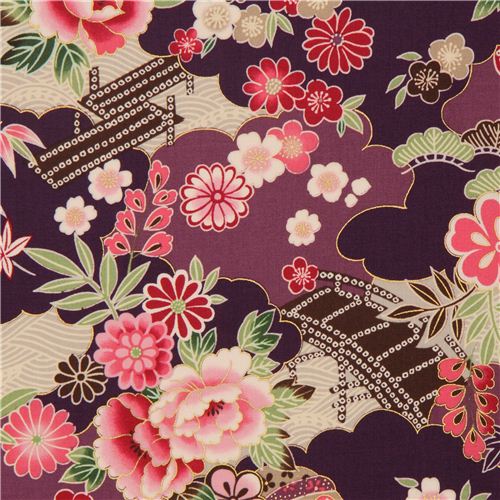 Purple-violet Japanese flower fabric with gold by Kokka 