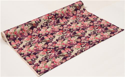 purple-violet Japanese flower fabric with gold by Kokka 3