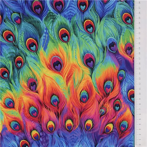 Rainbow Peacock Feathers Super Soft Cuddly Fabric by Timeless