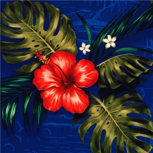 rayon poplin fabric by Robert Kaufman in dark blue with hibiscus flowers Fabric