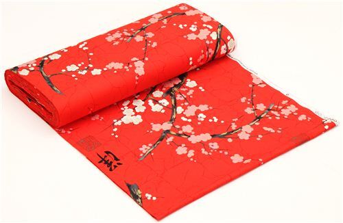 Remnant (26 x 114 cm) - red Alexander Henry Japanese flower fabric with gold 6