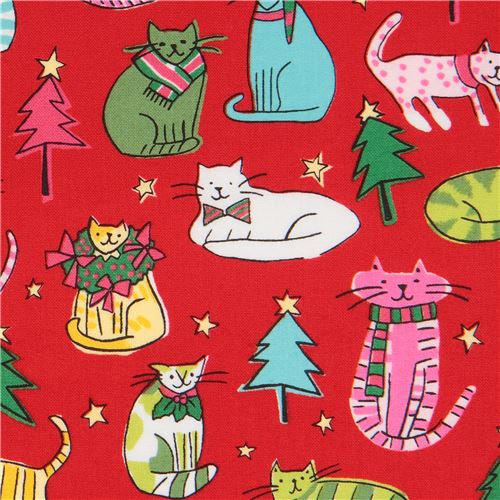 red Alexander Henry fabric Christmas colorful animal Jingle Cats 2