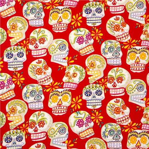 red Alexander Henry fabric with decorated skulls 2
