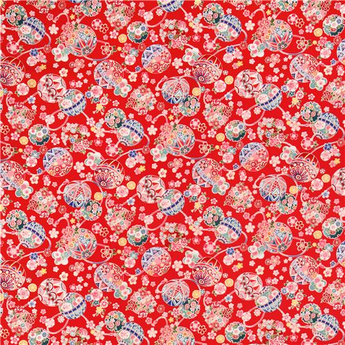 red Asia cherry blossom ball fabric from Japan - Flower Fabric - Fabric ...