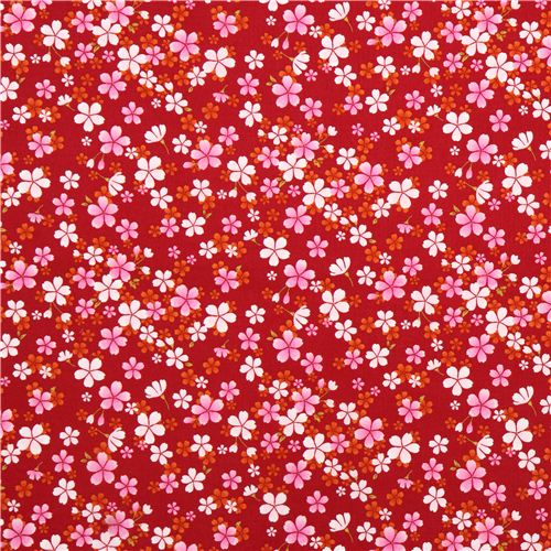 red Asia fabric with orange and pink cherry blossom from Japan Fabric ...