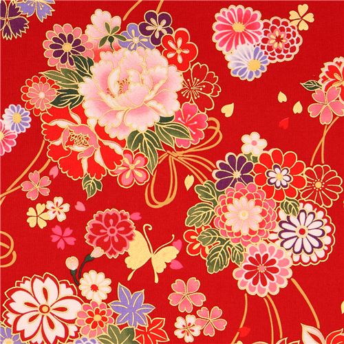 red Asia flower bouquet fabric butterfly gold Kokka - Flower Fabric ...