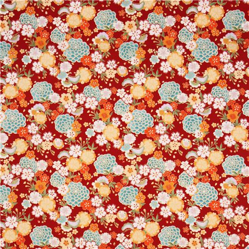 red Asia flower cherry blossom fabric with gold by Kokka - Flower ...