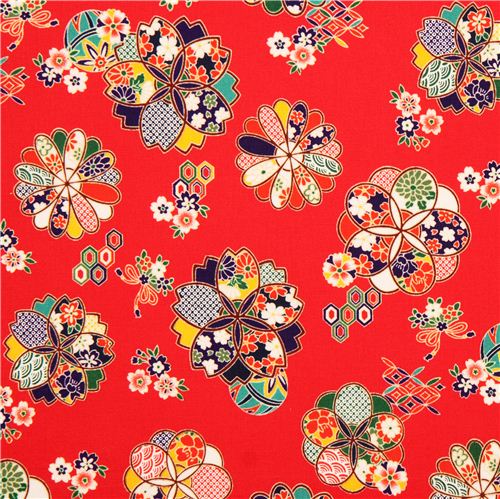 red Asia flower ornament fabric from Japan Fabric by Cosmo - modes4u