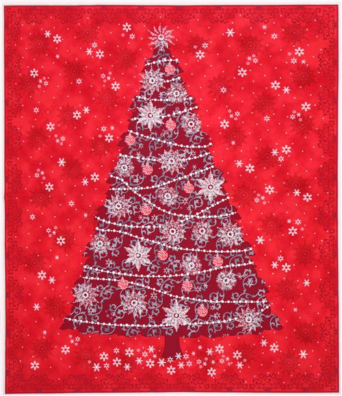 red Christmas tree panel Christmas fabric Quilting Treasures 1