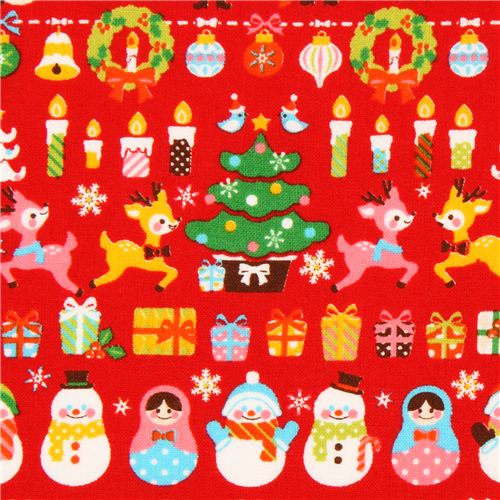 red Cosmo Christmas fabric snowman reindeer matryoshka 1