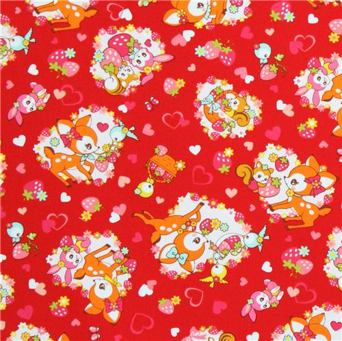 roter Cosmo Stoff Reh Eichhörnchen Erdbeere Japan 2