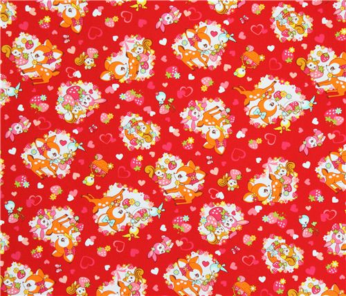 roter Cosmo Stoff Reh Eichhörnchen Erdbeere Japan 3