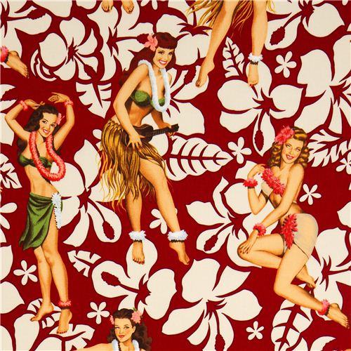 red Hawaii Pin up women fabric by Alexander Henry 1