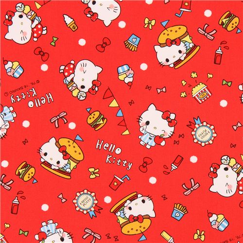 red with white Hello Kitty outline dark taupe bow laminate fabric Sanrio  Japan Fabric by Sanrio - modeS4u