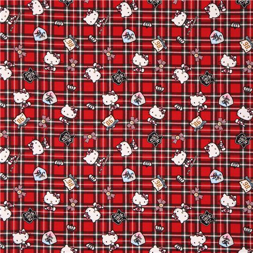 Tissu Oxford rouge à carreaux écossais avec Hello Kitty par Sanrio Japon 0