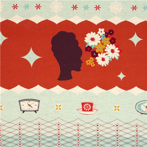 red Kokka retro fabric with clocks woman head Japan 1